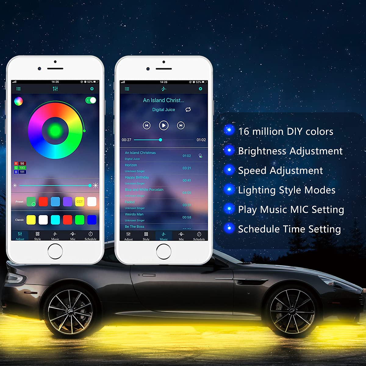 Yielinth Smart Exterior Car Lights,16 Million Colors Music Mode Neon Accent Lights Strip ,Waterproof Underglow Kit For Car With App & Rf Remote Control,Dc 12V